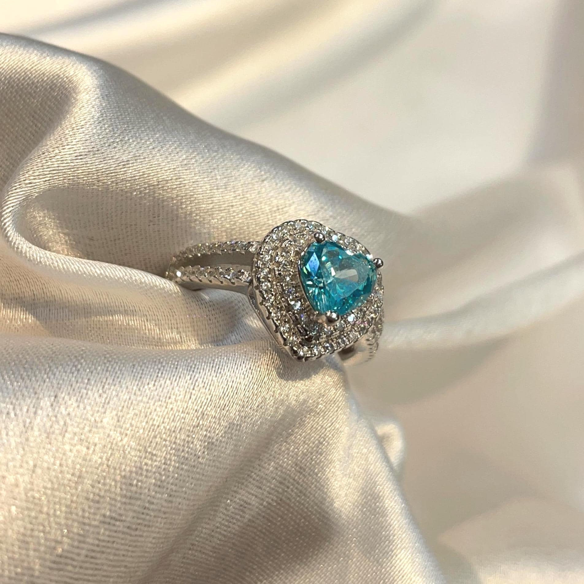 Blue Heart Cut CZ Engagement style Ring with Double Halo Suvera Jewelery