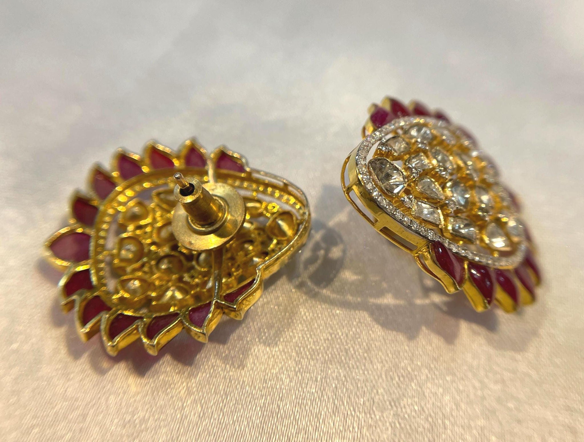 Handcrafted Pear-Shaped Polki Diamond Bridal Studs with Floral Ruby Border and Diamond Accents Suvera Jewelery 14k_Gold_Earrings Anniversary_Gift Bridal_Jewelry charm_necklace Gift_for_Her gold_stud_earrings Gold_Studs Indian_Jewelry