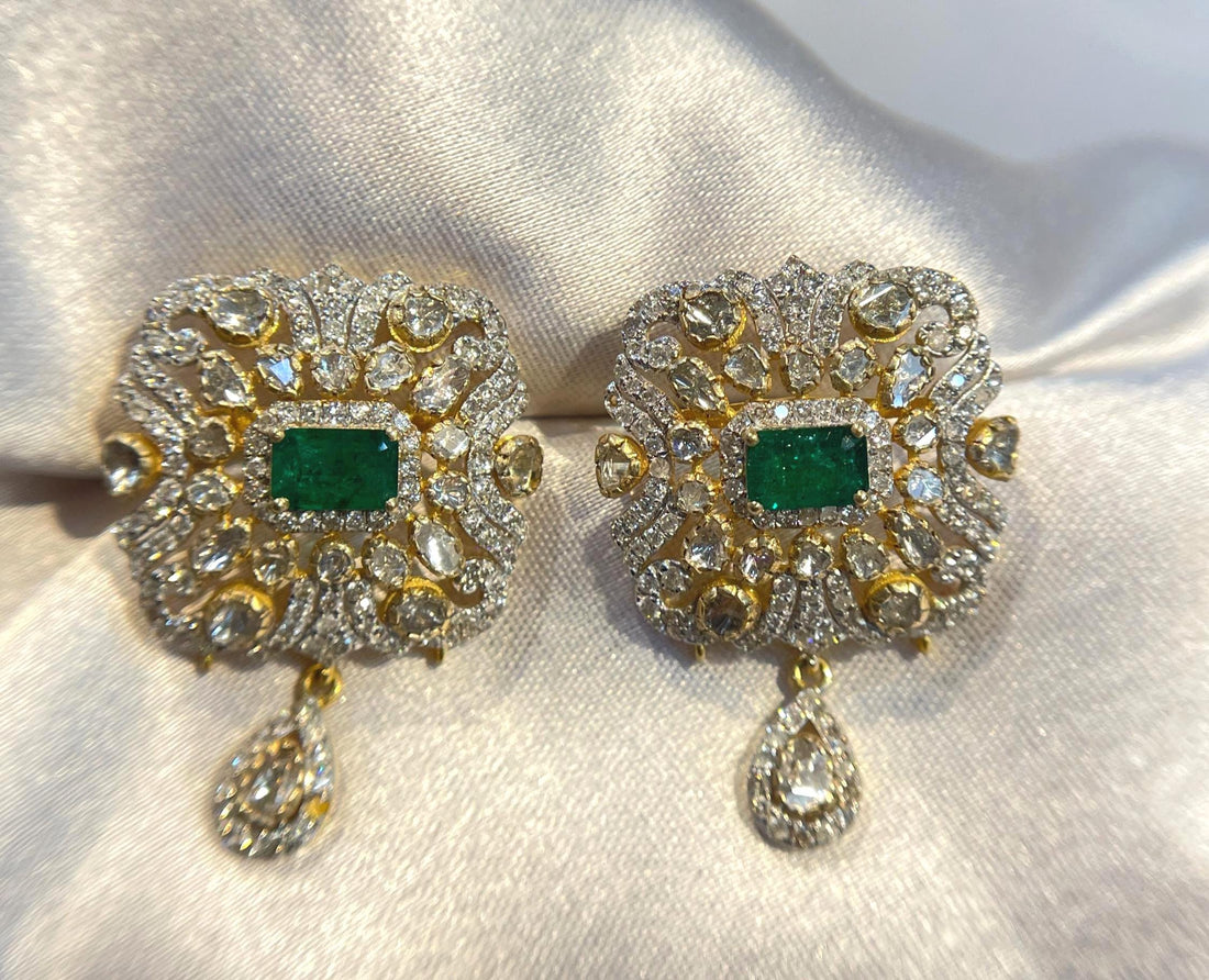 Luxury Vintage-Inspired Emerald and Diamond Drop Bridal Earrings Suvera Jewelery Bridal_Jewelry diamond_necklace flower_earrings Gift_for_Her gold_earrings gold_stud_earrings Gold_Studs Indian_Jewelry Indian_Studs personalized_gift