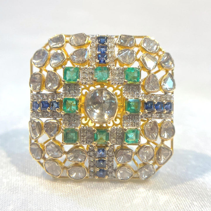 Handcrafted 14K Gold Ring with Real Emeralds, Blue Sapphires & Natural Diamonds Suvera Jewelery 14k_Gold_Ring 18k_Gold_Ring Anniversary_gift Cocktail_Ring Dainty_Gold_Ring Diamond_Ring Engagement_Ring Gift_for_Her Gold_Jewelry Gold_Ring