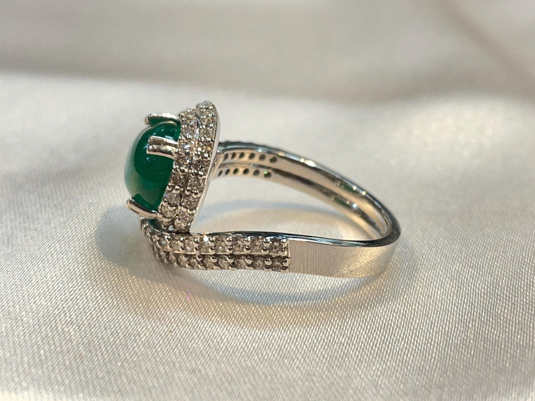 Natural Emerald Cabochon Halo Statement Ring Suvera Jewelery 14k_Gold_jewelry Birthday_Gift Birthstone_Ring Cocktail_Ring Dainty_Gold_Ring Diamond_Ring Emerald_Ring Engagement_Ring Gold_Ring Handmade_Ring Promise_Ring Solitaire_Ring