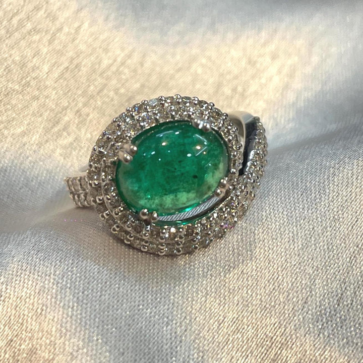 Natural Emerald Cabochon Halo Statement Ring Suvera Jewelery 14k_Gold_jewelry Birthday_Gift Birthstone_Ring Cocktail_Ring Dainty_Gold_Ring Diamond_Ring Emerald_Ring Engagement_Ring Gold_Ring Handmade_Ring Promise_Ring Solitaire_Ring