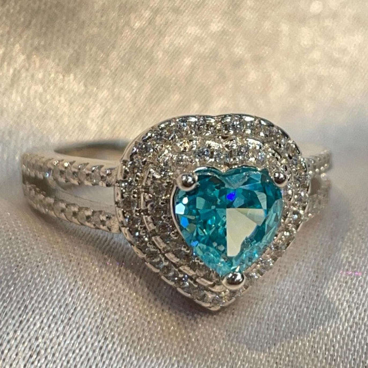 Blue Heart Cut CZ Engagement style Ring with Double Halo Suvera Jewelery
