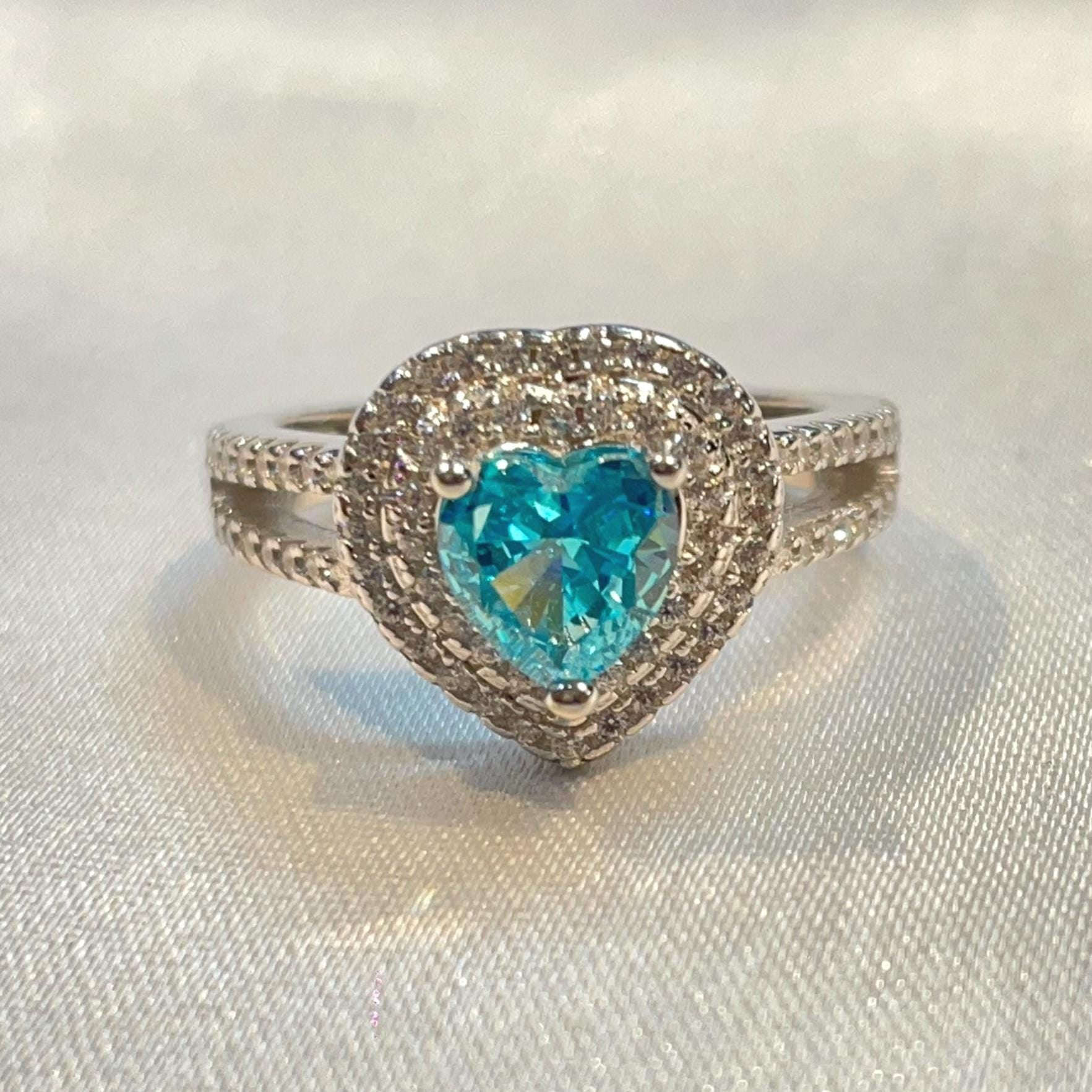 Blue Heart Cut CZ Engagement style Ring with Double Halo Suvera Jewelery