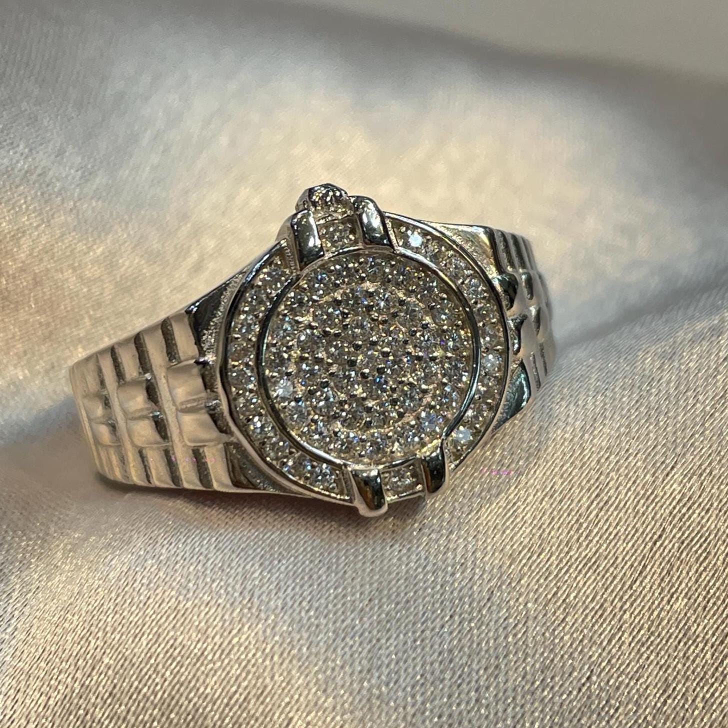 Luxury Hip-Hop Iced out Round Watch Bezel Inspired Men’s Signet Ring Suvera Jewelery 925_Silver_Ring Dainty_Silver_Ring Diamond_Ring Engagement_Ring Gift_for_Him Handmade_Jewelry Men's_Ring Minimalist_Jewelry Personalized_Gift Promise_Ring