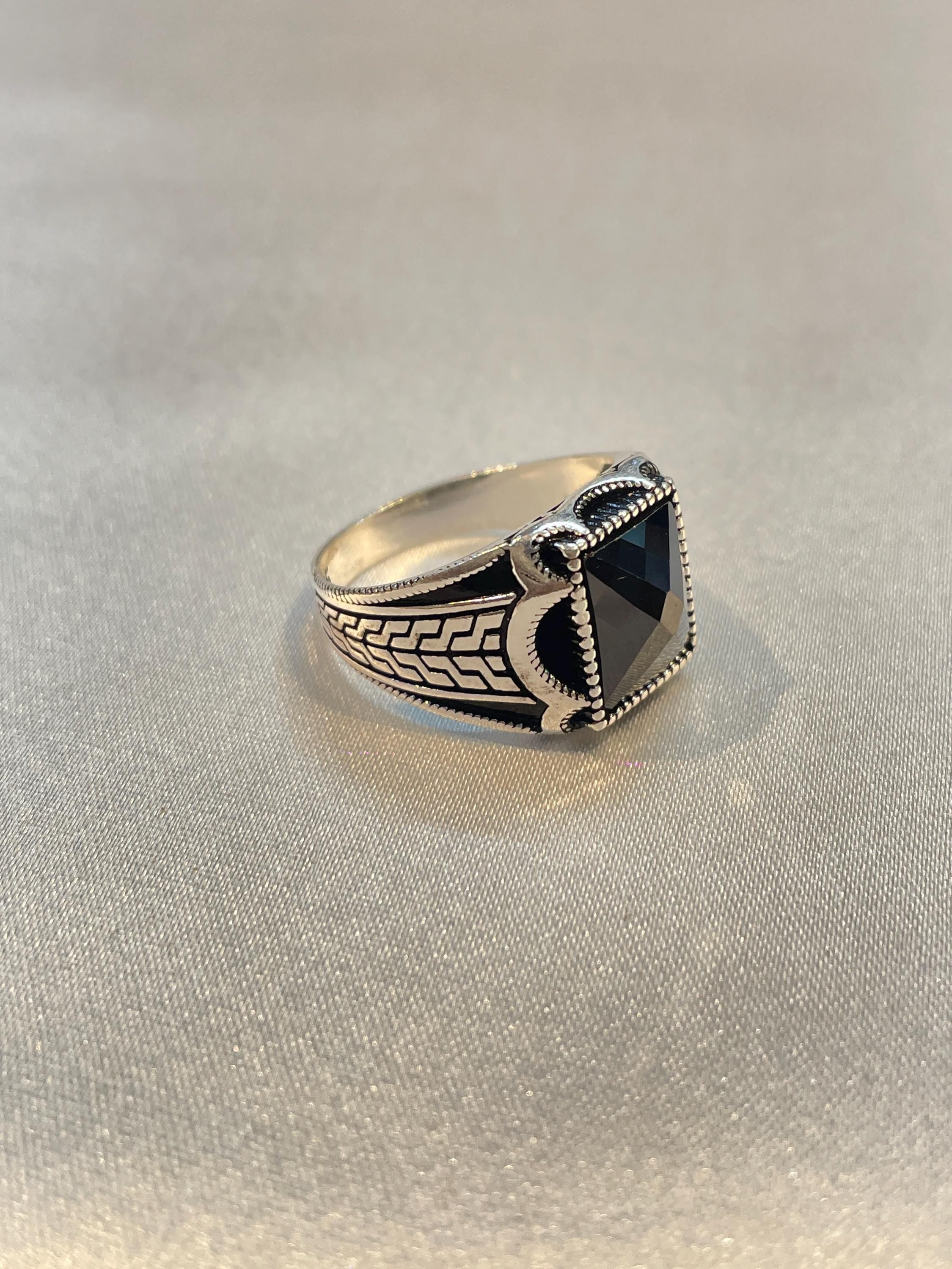 Men’s Tribal Engraved Multi-Faceted Black Onyx Ring