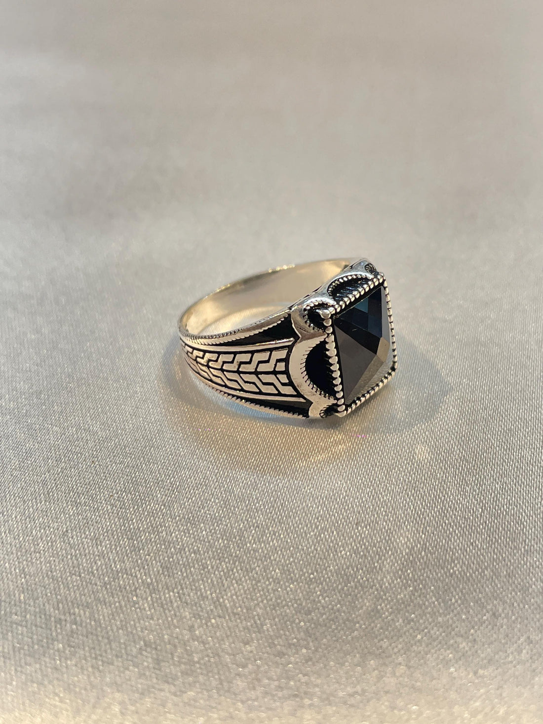 Men’s Tribal Engraved Multi-Faceted Black Onyx Ring