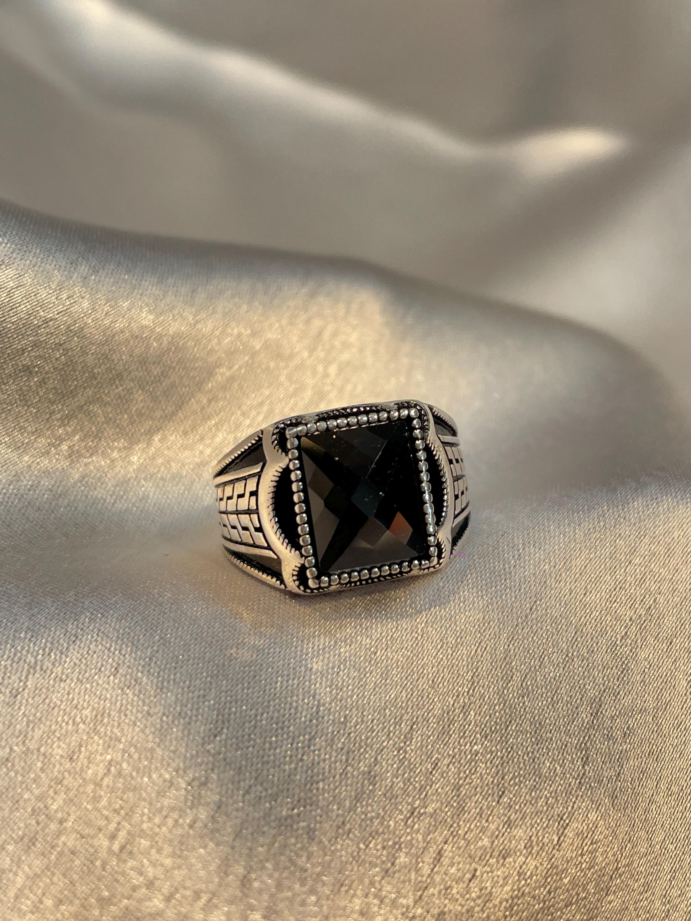 Men’s Tribal Engraved Multi-Faceted Black Onyx Ring
