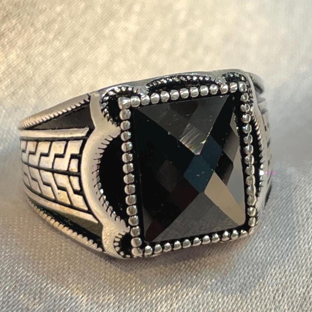 Men’s Tribal Engraved Multi-Faceted Black Onyx Ring