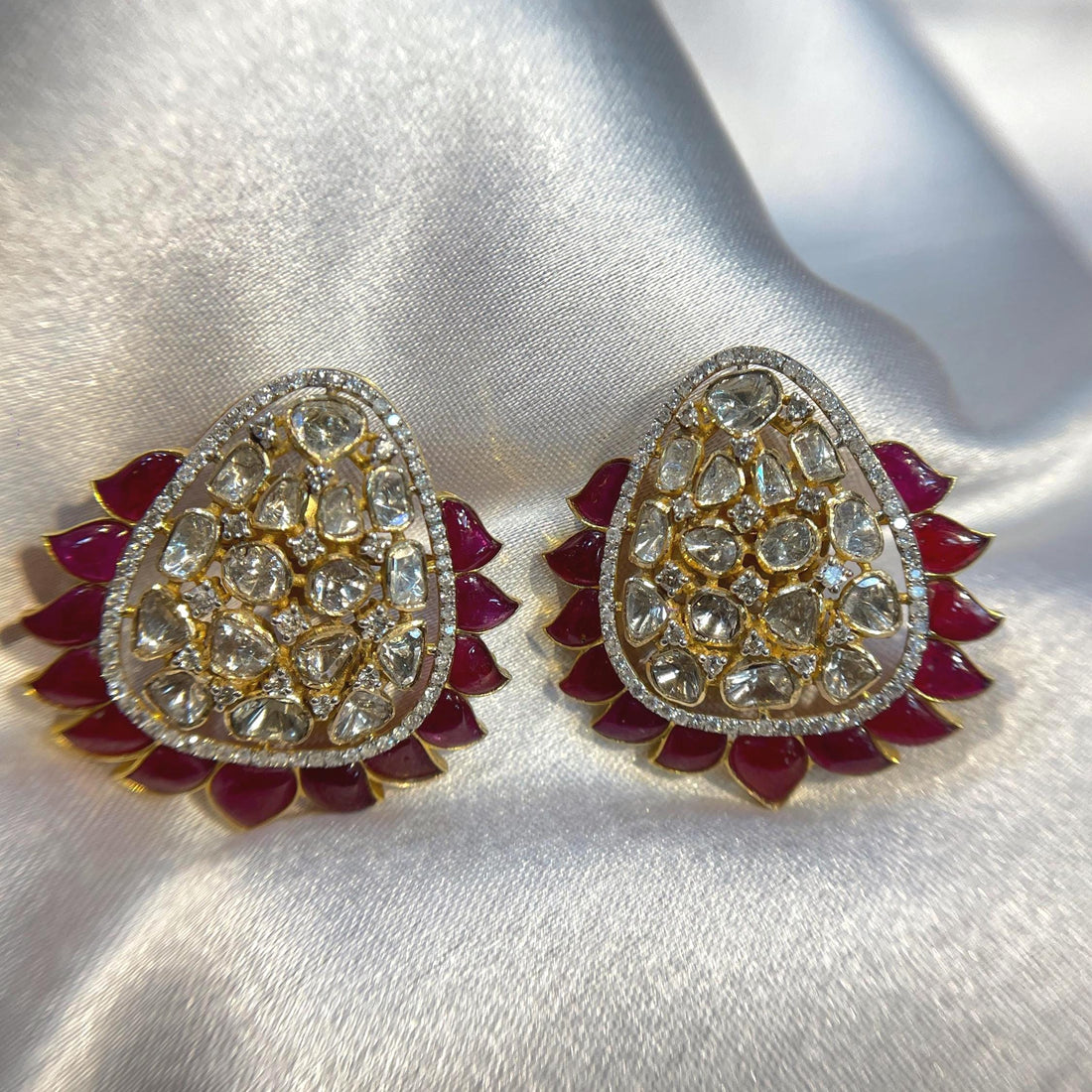 Handcrafted Pear-Shaped Polki Diamond Bridal Studs with Floral Ruby Border and Diamond Accents Suvera Jewelery 14k_Gold_Earrings Anniversary_Gift Bridal_Jewelry charm_necklace Gift_for_Her gold_stud_earrings Gold_Studs Indian_Jewelry