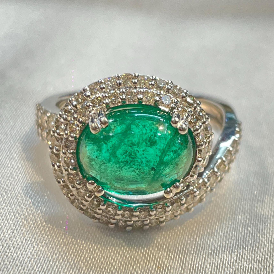 Natural Emerald Cabochon Halo Statement Ring Suvera Jewelery 14k_Gold_jewelry Birthday_Gift Birthstone_Ring Cocktail_Ring Dainty_Gold_Ring Diamond_Ring Emerald_Ring Engagement_Ring Gold_Ring Handmade_Ring Promise_Ring Solitaire_Ring
