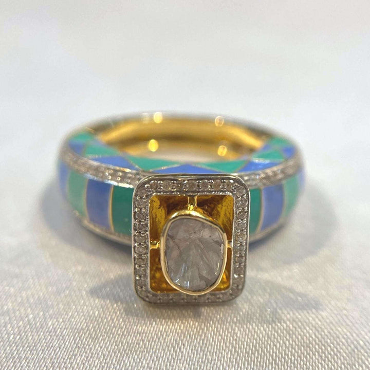 Royal Luxurious Geometric Blue Enamel Gold & Diamond Ring for Women Suvera Jewelery