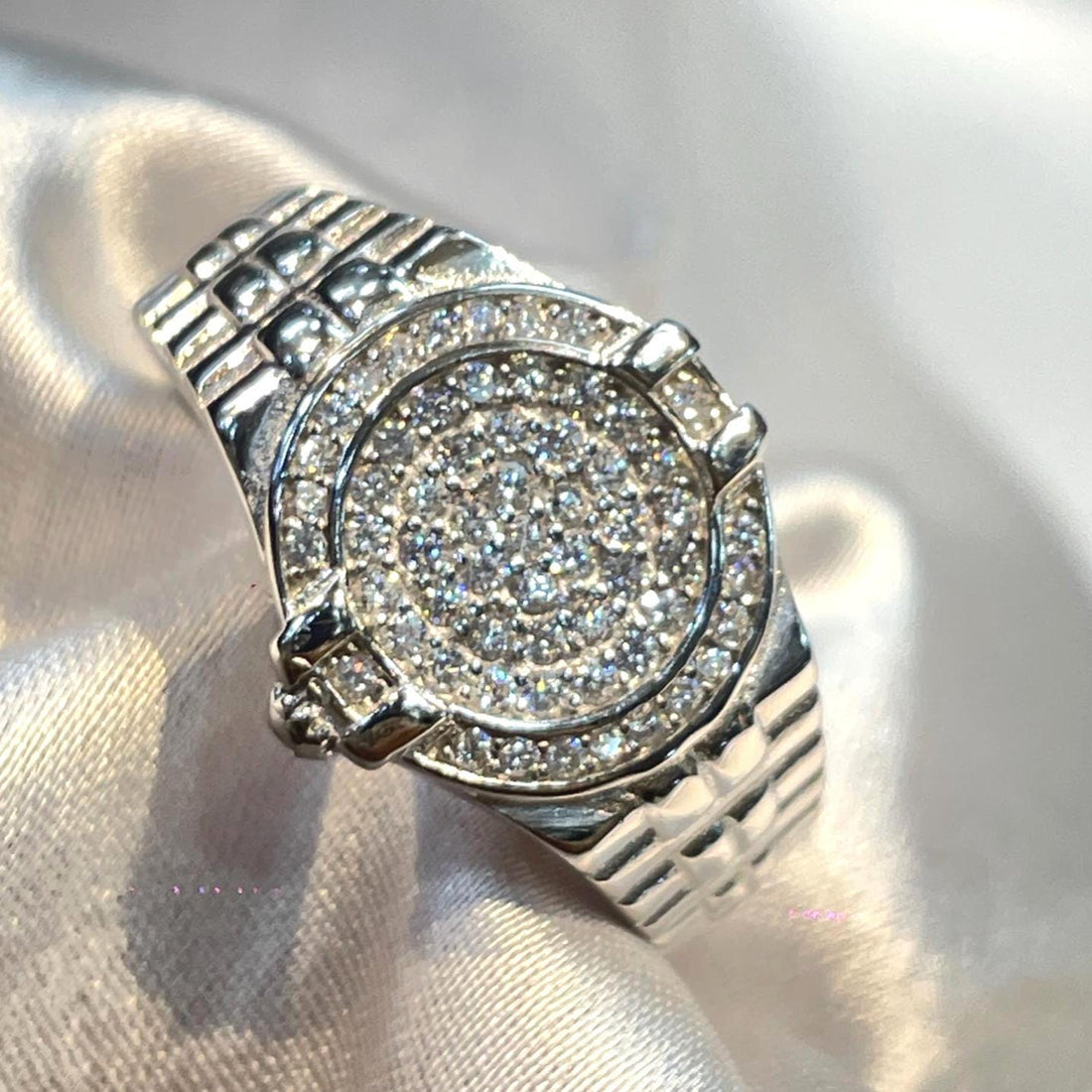 Luxury Hip-Hop Iced out Round Watch Bezel Inspired Men’s Signet Ring Suvera Jewelery 925_Silver_Ring Dainty_Silver_Ring Diamond_Ring Engagement_Ring Gift_for_Him Handmade_Jewelry Men's_Ring Minimalist_Jewelry Personalized_Gift Promise_Ring