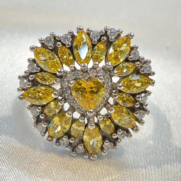 Floral Cluster Cocktail ring with marquise yellow CZ petals surrounding Heart-cut Diamond Suvera Jewelery 925_Silver_Ring Dainty_Silver_Ring Diamond_Ring Engagement_Ring Flower_Ring Gift_for_Him Personalized_Gift Promise_Ring Silver_Ring