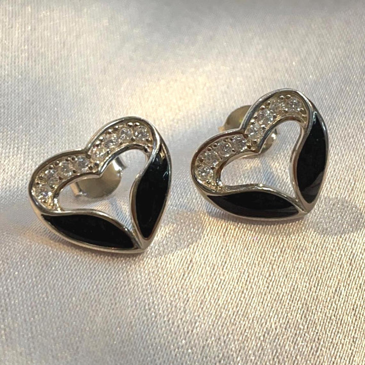 Black enamel & CZ open heart studs Suvera Jewelery Birthday_Gift Bridal_Earrings Charm_Earrings Dainty_Earrings Diamond_Earrings Earrings_Silver Gift_for_Her Handmade_Earrings Heart_Earrings Silver_Earrings Silver_Stud_Earring Stud_Earrings