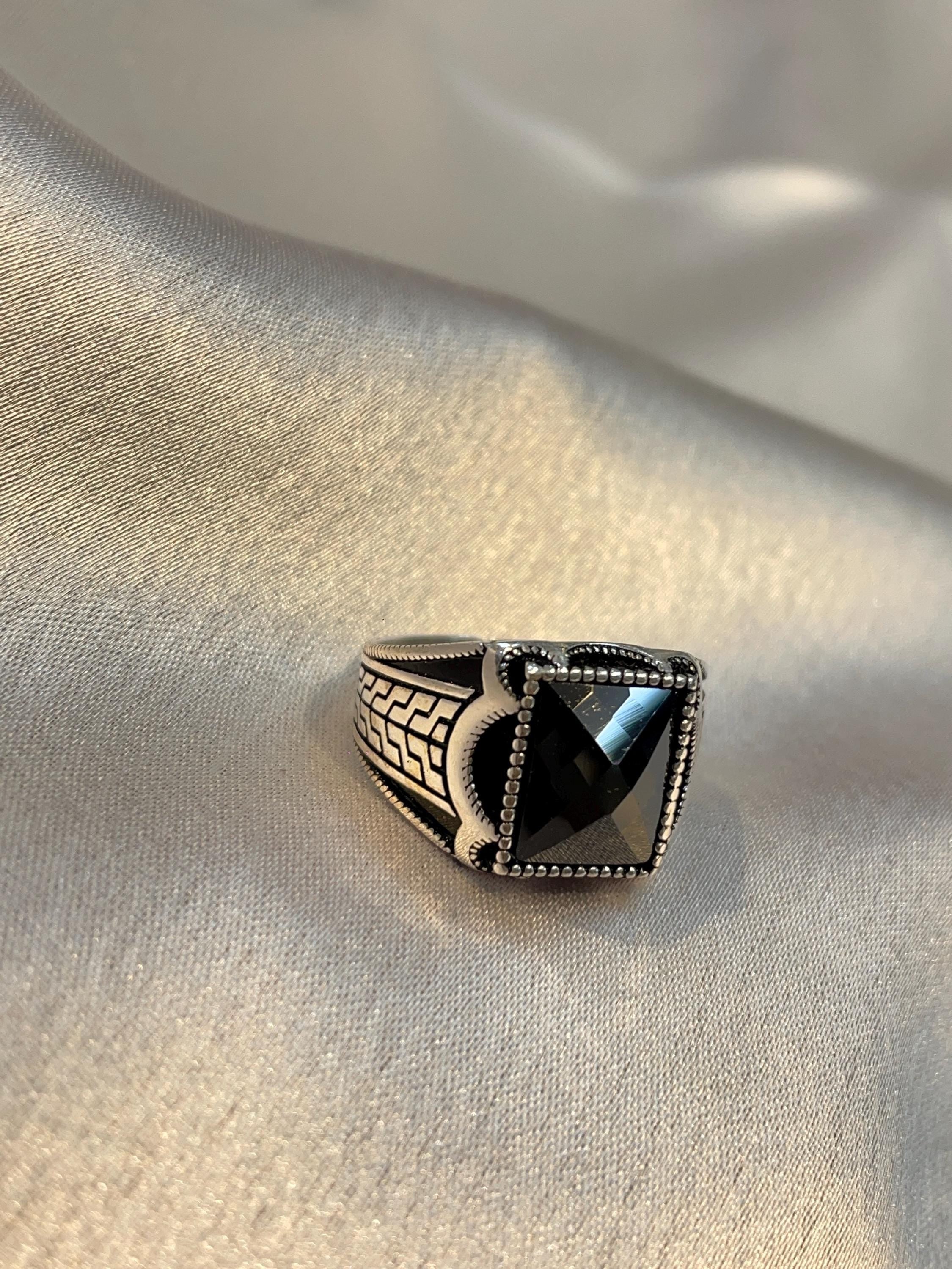 Men’s Tribal Engraved Multi-Faceted Black Onyx Ring