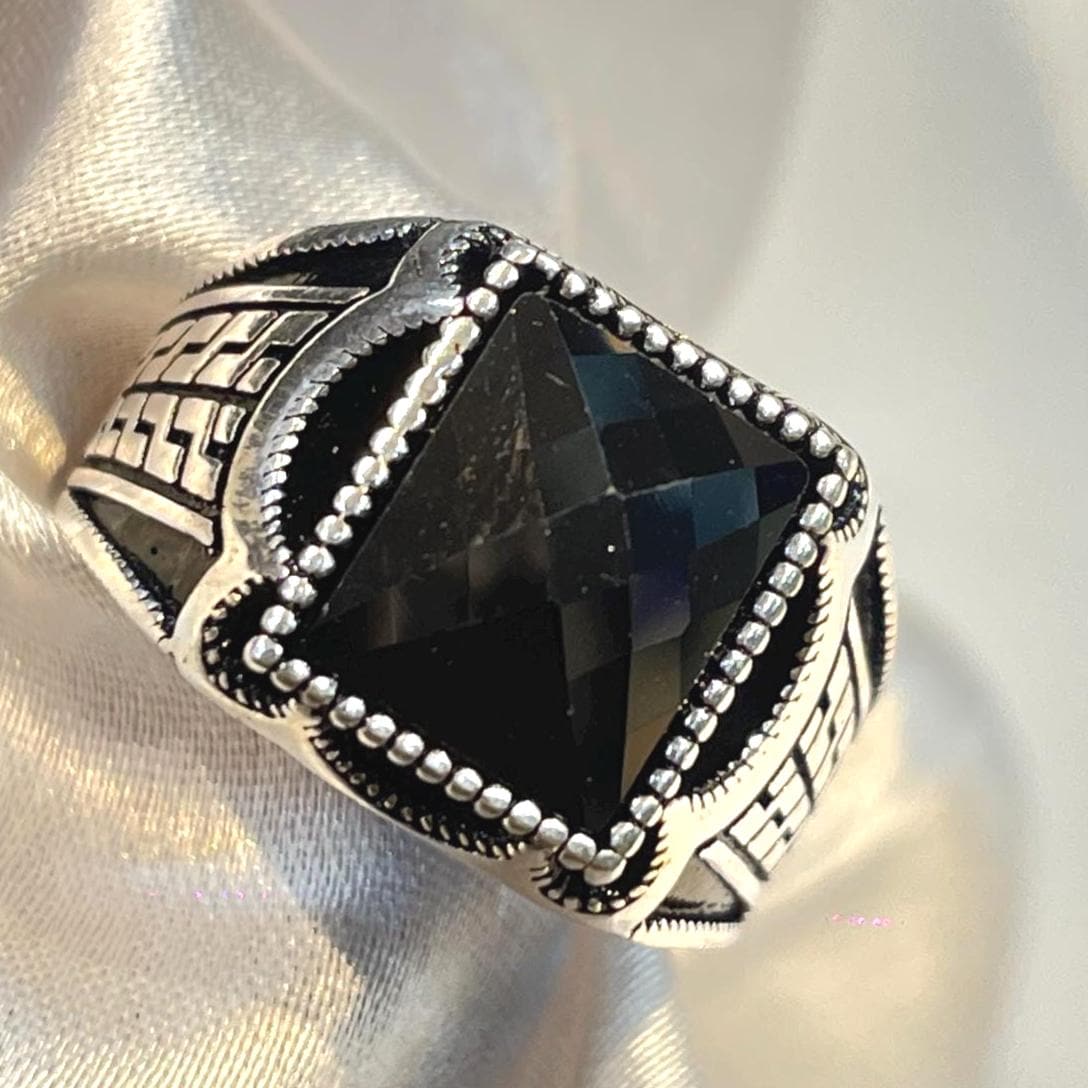 Men’s Tribal Engraved Multi-Faceted Black Onyx Ring