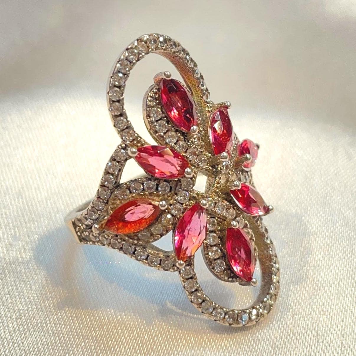 Elongated floral ring with bright pink marquise cubic zirconias Suvera Jewelery 925_Silver_Ring Birthday_Gift Dainty_Silver_Ring Diamond_Ring Engagement_Ring Gift_for_Him Handmade_Jewelry Minimalist_Jewelry Personalized_Gift Promise_Ring