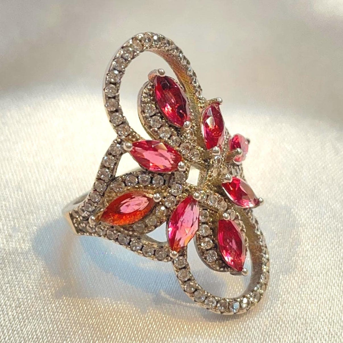 Elongated floral ring with bright pink marquise cubic zirconias Suvera Jewelery 925_Silver_Ring Birthday_Gift Dainty_Silver_Ring Diamond_Ring Engagement_Ring Gift_for_Him Handmade_Jewelry Minimalist_Jewelry Personalized_Gift Promise_Ring