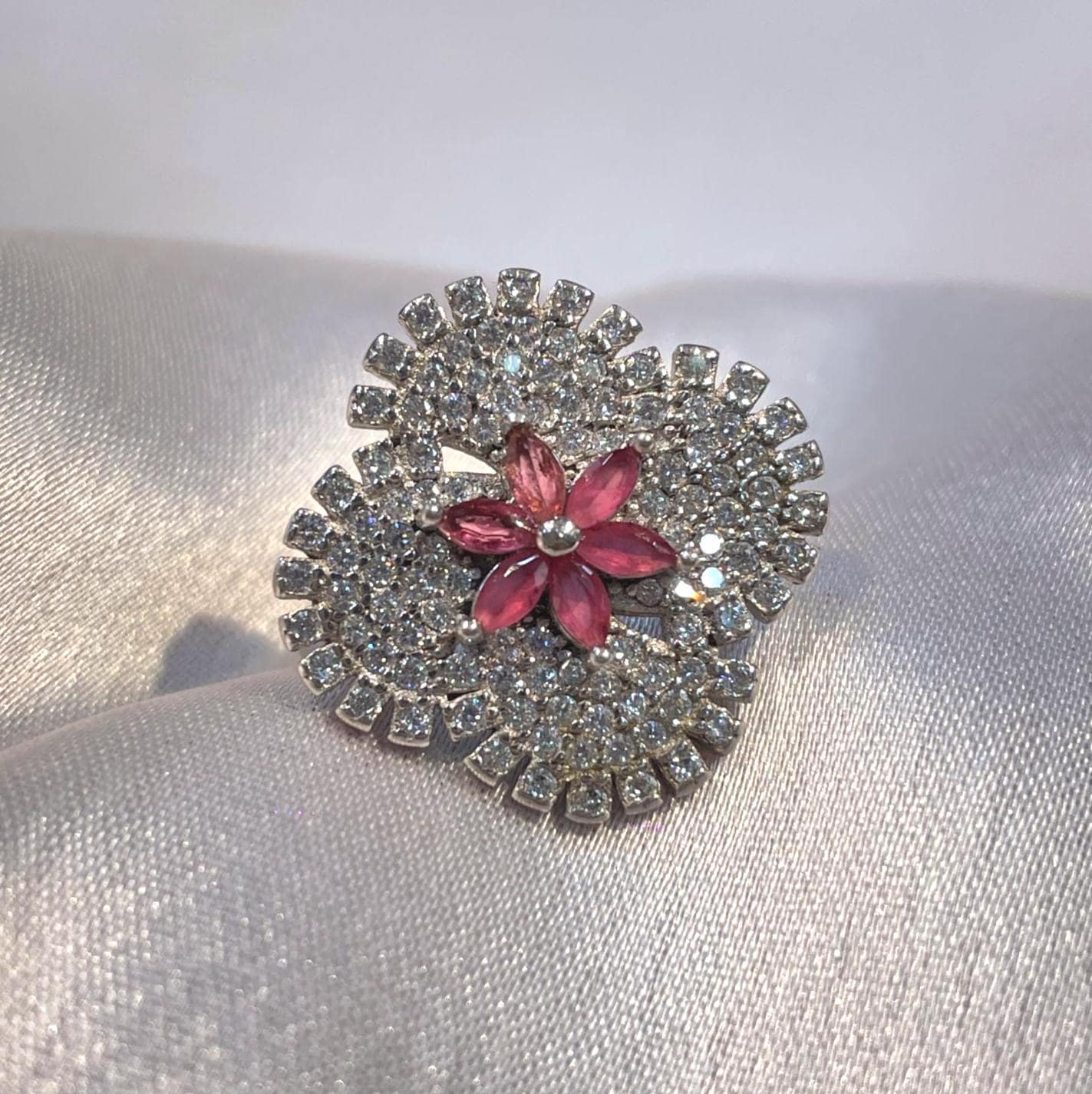 Luxury Floral Burst Pavé Ring in 925 Sterling Silver with Ruby-Pink Center Stone Suvera Jewelery 925_Silver_Ring Cocktail_Ring Dainty_Silver_Ring Diamond_Ring Engagement_Ring Gift_for_her Handmade_Jewelry Handmade_Ring Minimalist_Jewelry