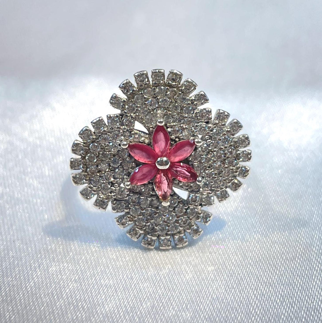 Luxury Floral Burst Pavé Ring in 925 Sterling Silver with Ruby-Pink Center Stone Suvera Jewelery 925_Silver_Ring Cocktail_Ring Dainty_Silver_Ring Diamond_Ring Engagement_Ring Gift_for_her Handmade_Jewelry Handmade_Ring Minimalist_Jewelry