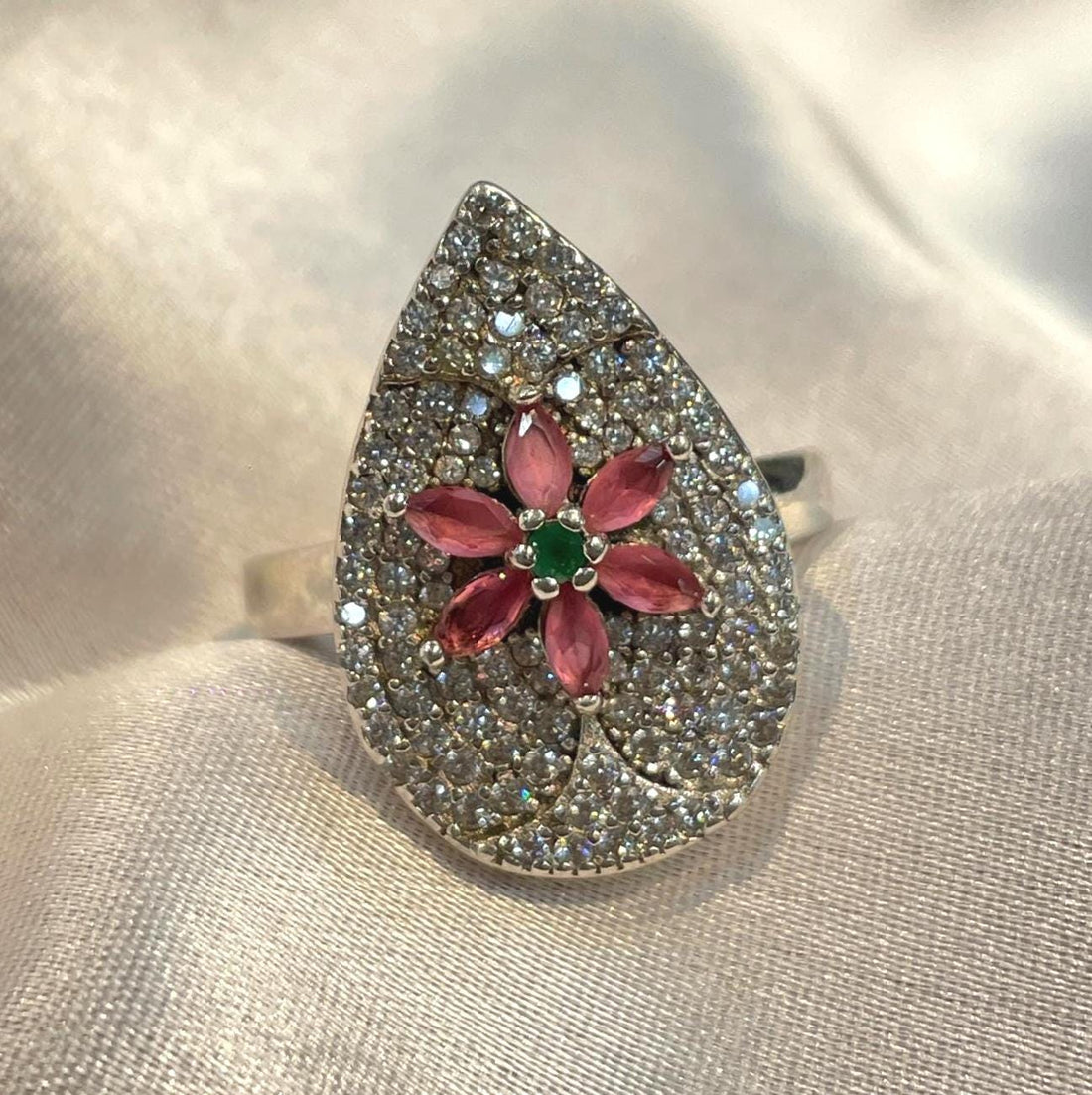 Teardrop Floral Pavé Ring in 925 Sterling Silver with Ruby-Pink & Emerald Accents Suvera Jewelery 925_Silver_Ring Cocktail_Ring Dainty_Silver_Ring Diamond_Ring Engagement_Ring Gift_for_her Handmade_Jewelry Handmade_Ring Minimalist_Jewelry