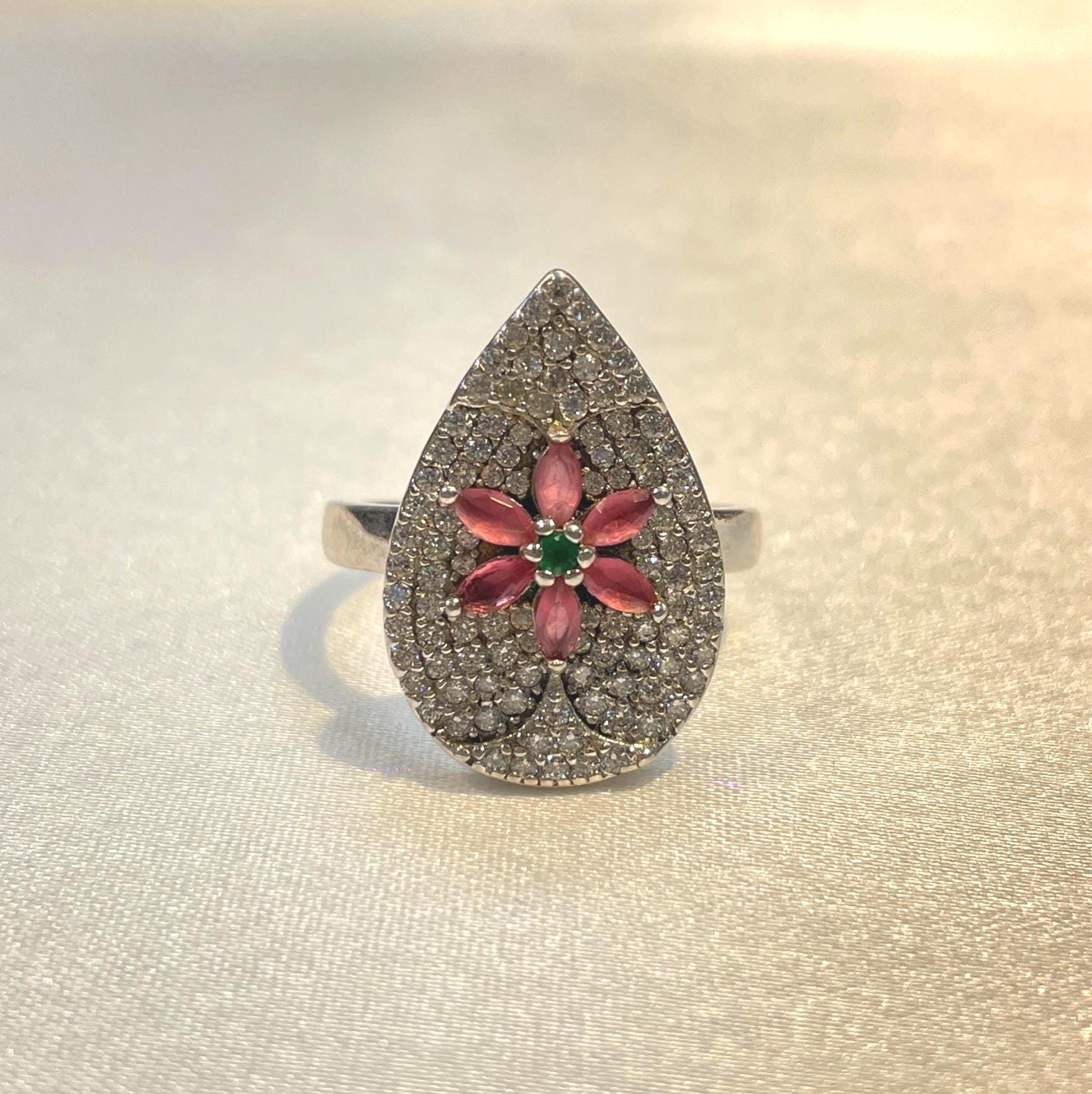 Teardrop Floral Pavé Ring in 925 Sterling Silver with Ruby-Pink & Emerald Accents Suvera Jewelery 925_Silver_Ring Cocktail_Ring Dainty_Silver_Ring Diamond_Ring Engagement_Ring Gift_for_her Handmade_Jewelry Handmade_Ring Minimalist_Jewelry
