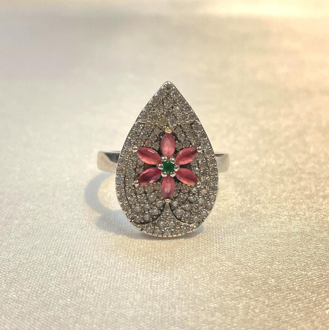 Teardrop Floral Pavé Ring in 925 Sterling Silver with Ruby-Pink & Emerald Accents Suvera Jewelery 925_Silver_Ring Cocktail_Ring Dainty_Silver_Ring Diamond_Ring Engagement_Ring Gift_for_her Handmade_Jewelry Handmade_Ring Minimalist_Jewelry