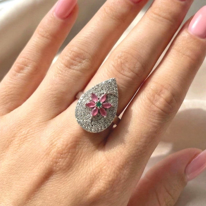 Teardrop Floral Pavé Ring in 925 Sterling Silver with Ruby-Pink & Emerald Accents Suvera Jewelery 925_Silver_Ring Cocktail_Ring Dainty_Silver_Ring Diamond_Ring Engagement_Ring Gift_for_her Handmade_Jewelry Handmade_Ring Minimalist_Jewelry