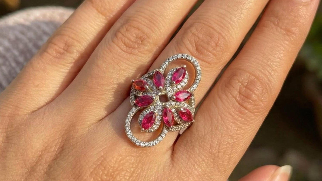 Elongated floral ring with bright pink marquise cubic zirconias Suvera Jewelery 925_Silver_Ring Birthday_Gift Dainty_Silver_Ring Diamond_Ring Engagement_Ring Gift_for_Him Handmade_Jewelry Minimalist_Jewelry Personalized_Gift Promise_Ring