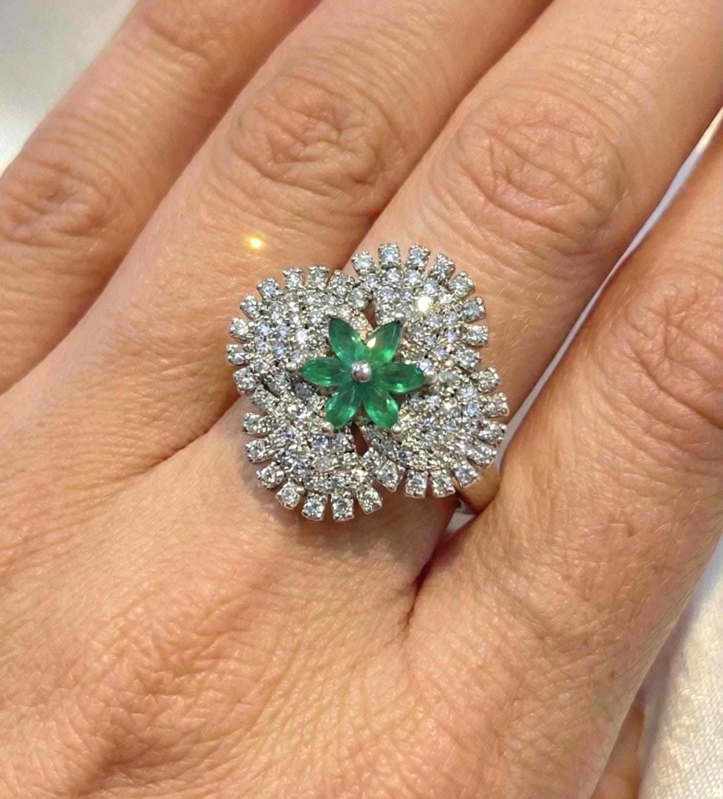Emerald Bloom Diamond Cluster Ring in White Gold Finish