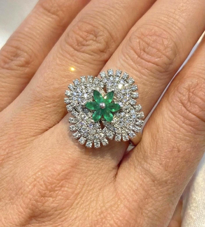 Emerald Bloom Diamond Cluster Ring in White Gold Finish