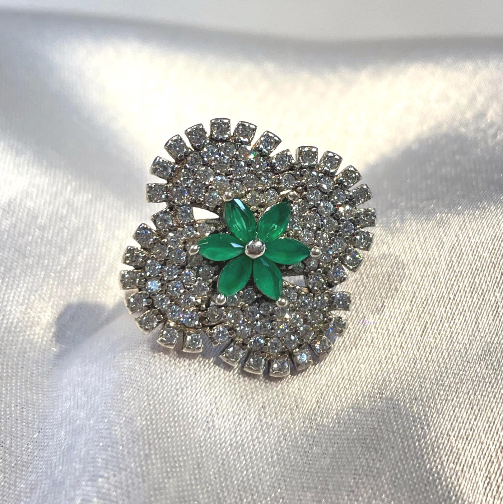 Emerald Bloom Diamond Cluster Ring in White Gold Finish