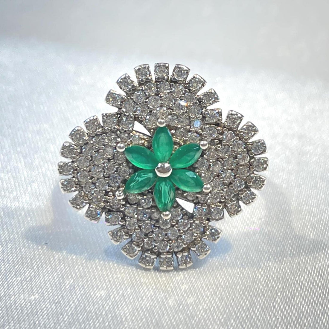 Emerald Bloom Diamond Cluster Ring in White Gold Finish