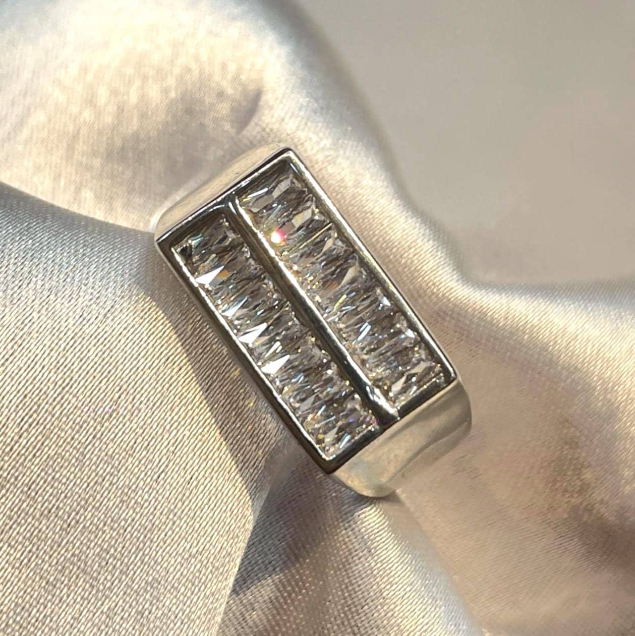 Double-Row Baguette Diamond Statement Band in White Gold Finish Suvera Jewelery 925_Silver_Ring Dainty_Silver_Ring Diamond_Ring Engagement_Ring Gift_for_Him Handmade_Jewelry Men's_Ring Minimalist_Jewelry Personalized_Gift Promise_Ring