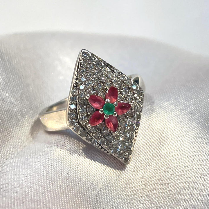 Ruby & Emerald Floral Diamond Kite Ring in White Gold Finish Suvera Jewelery 925_Silver_Ring Birthday_Gift Dainty_Silver_Ring Diamond_Ring Engagement_Ring Gift_for_Her Handmade_Jewelry Minimalist_Jewelry Personalized_Gift Promise_Ring