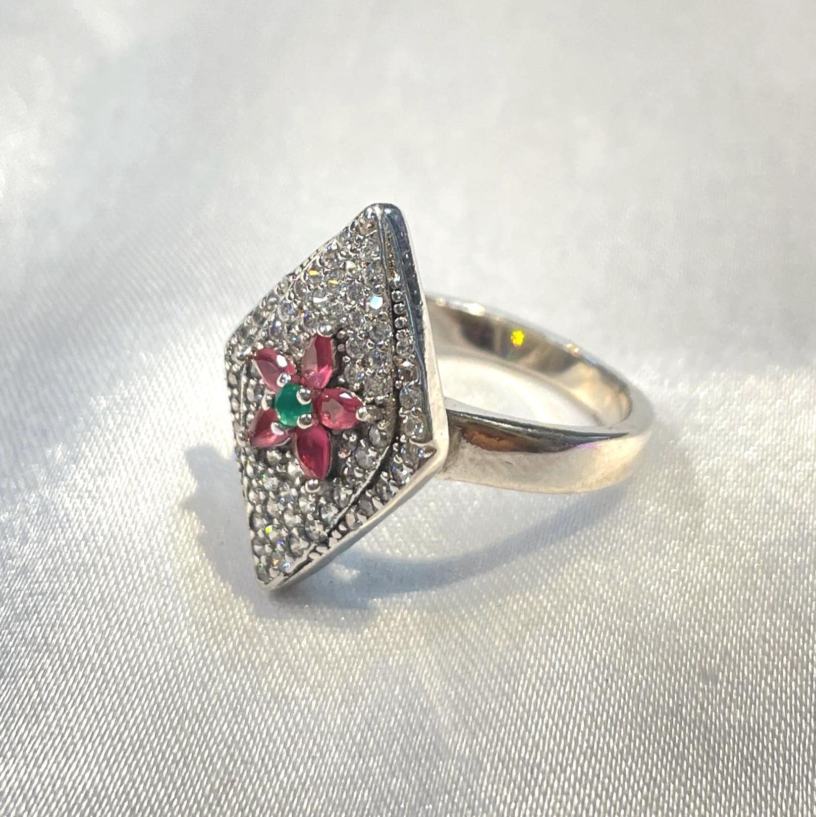Ruby & Emerald Floral Diamond Kite Ring in White Gold Finish Suvera Jewelery 925_Silver_Ring Birthday_Gift Dainty_Silver_Ring Diamond_Ring Engagement_Ring Gift_for_Her Handmade_Jewelry Minimalist_Jewelry Personalized_Gift Promise_Ring