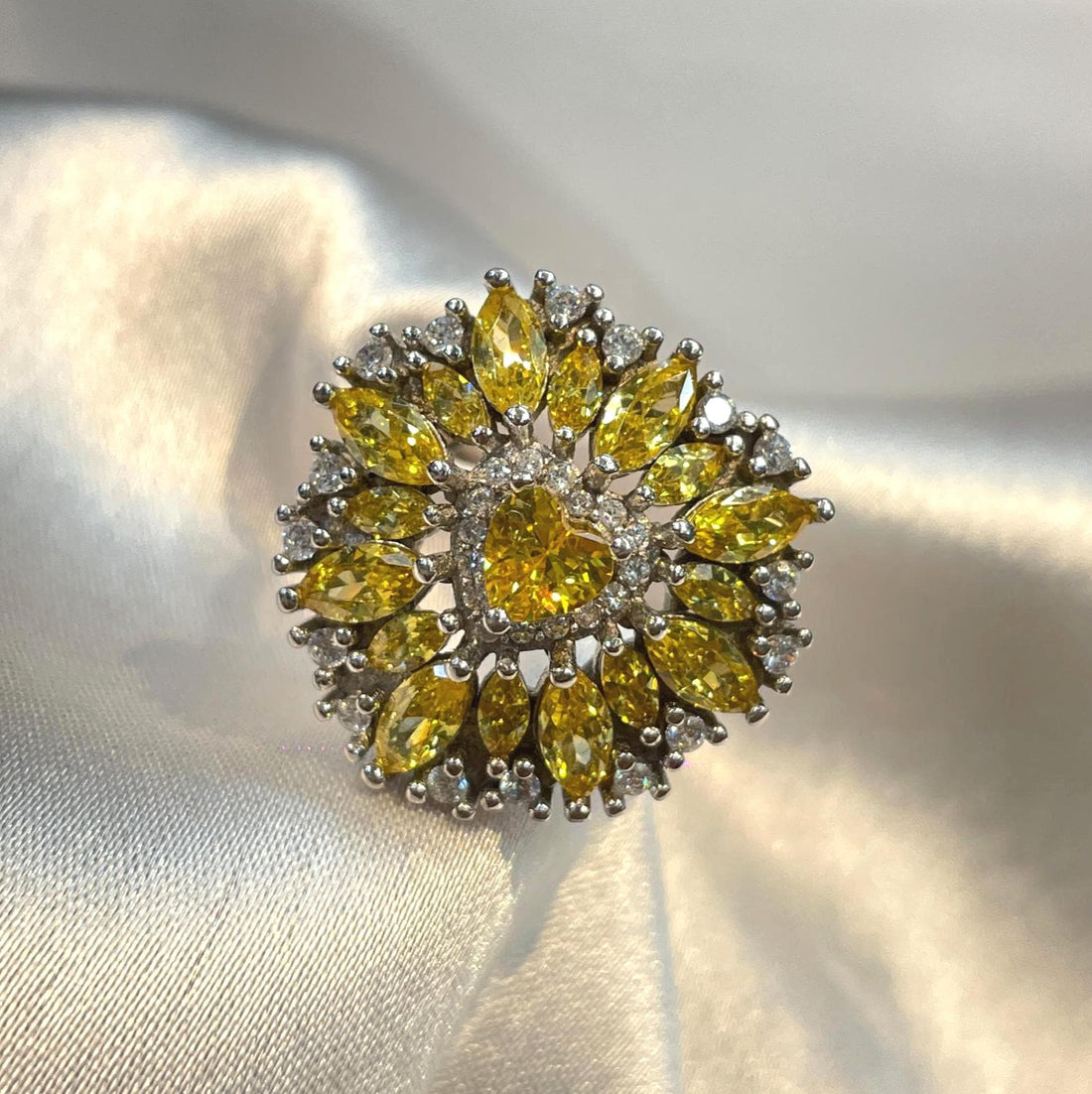 Floral Cluster Cocktail ring with marquise yellow CZ petals surrounding Heart-cut Diamond Suvera Jewelery 925_Silver_Ring Dainty_Silver_Ring Diamond_Ring Engagement_Ring Flower_Ring Gift_for_Him Personalized_Gift Promise_Ring Silver_Ring