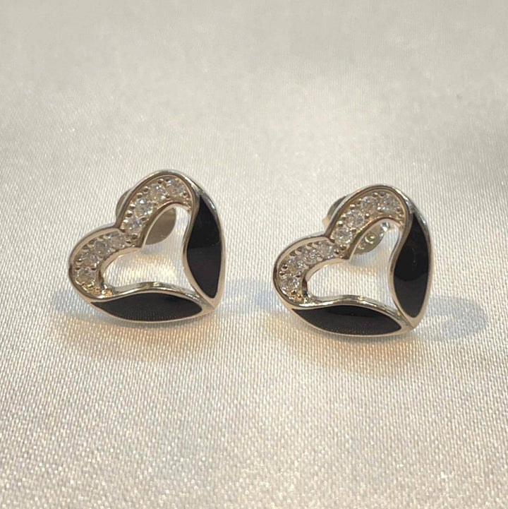 Black enamel & CZ open heart studs Suvera Jewelery Birthday_Gift Bridal_Earrings Charm_Earrings Dainty_Earrings Diamond_Earrings Earrings_Silver Gift_for_Her Handmade_Earrings Heart_Earrings Silver_Earrings Silver_Stud_Earring Stud_Earrings