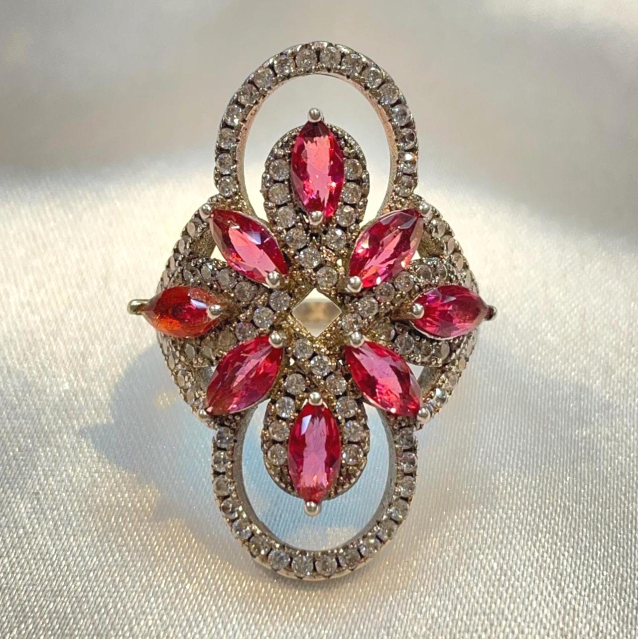 Elongated floral ring with bright pink marquise cubic zirconias Suvera Jewelery 925_Silver_Ring Birthday_Gift Dainty_Silver_Ring Diamond_Ring Engagement_Ring Gift_for_Him Handmade_Jewelry Minimalist_Jewelry Personalized_Gift Promise_Ring