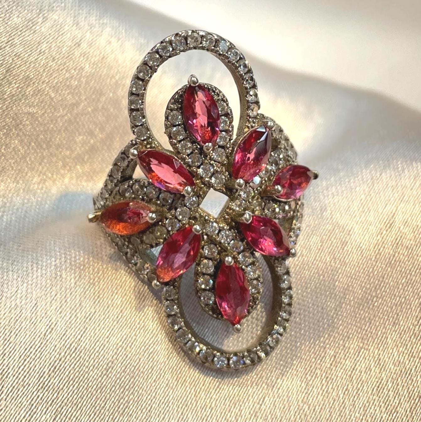 Elongated floral ring with bright pink marquise cubic zirconias Suvera Jewelery 925_Silver_Ring Birthday_Gift Dainty_Silver_Ring Diamond_Ring Engagement_Ring Gift_for_Him Handmade_Jewelry Minimalist_Jewelry Personalized_Gift Promise_Ring