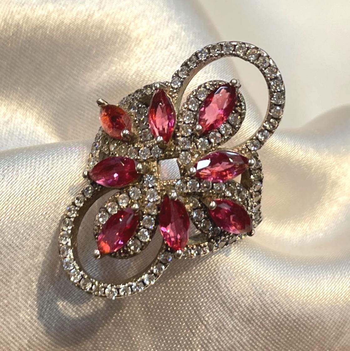 Elongated floral ring with bright pink marquise cubic zirconias Suvera Jewelery 925_Silver_Ring Birthday_Gift Dainty_Silver_Ring Diamond_Ring Engagement_Ring Gift_for_Him Handmade_Jewelry Minimalist_Jewelry Personalized_Gift Promise_Ring