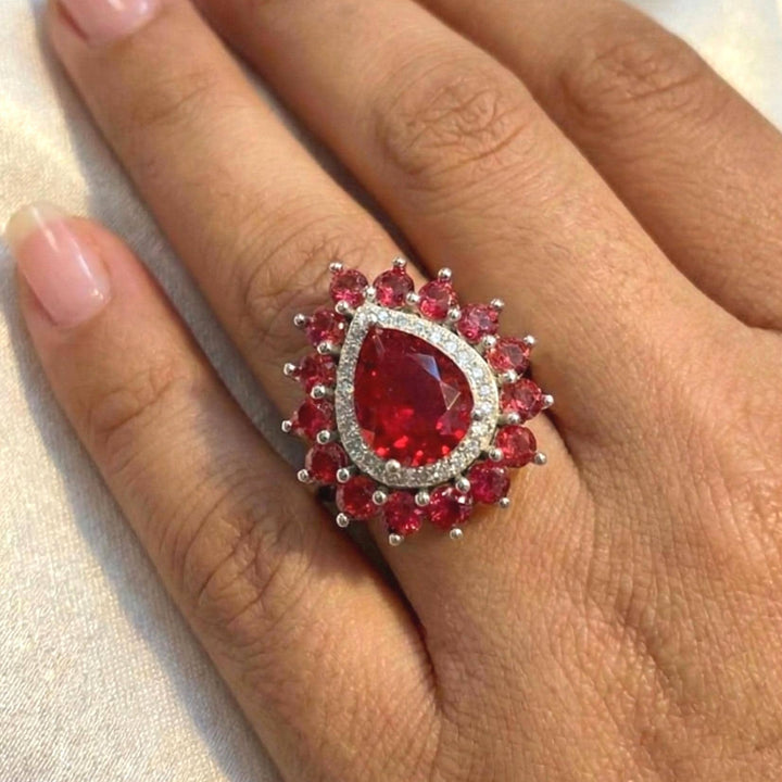 Pear-Shaped Ruby Red Gemstone Ring with Diamond Halo Suvera Jewelery 925_Sterling_Silver Birthday_Gift Dainty_Silver_Ring Diamond_Ring Engagement_Ring Gift_for_Her Handmade_Jewelry Personalized_Gift Promise_Ring Ruby_Ring Silver_Ring