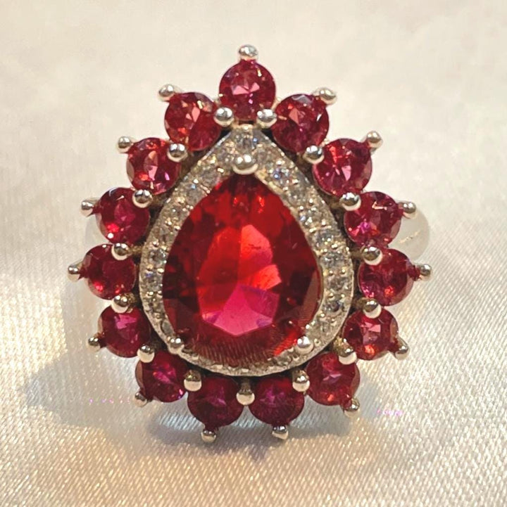 Pear-Shaped Ruby Red Gemstone Ring with Diamond Halo Suvera Jewelery 925_Sterling_Silver Birthday_Gift Dainty_Silver_Ring Diamond_Ring Engagement_Ring Gift_for_Her Handmade_Jewelry Personalized_Gift Promise_Ring Ruby_Ring Silver_Ring