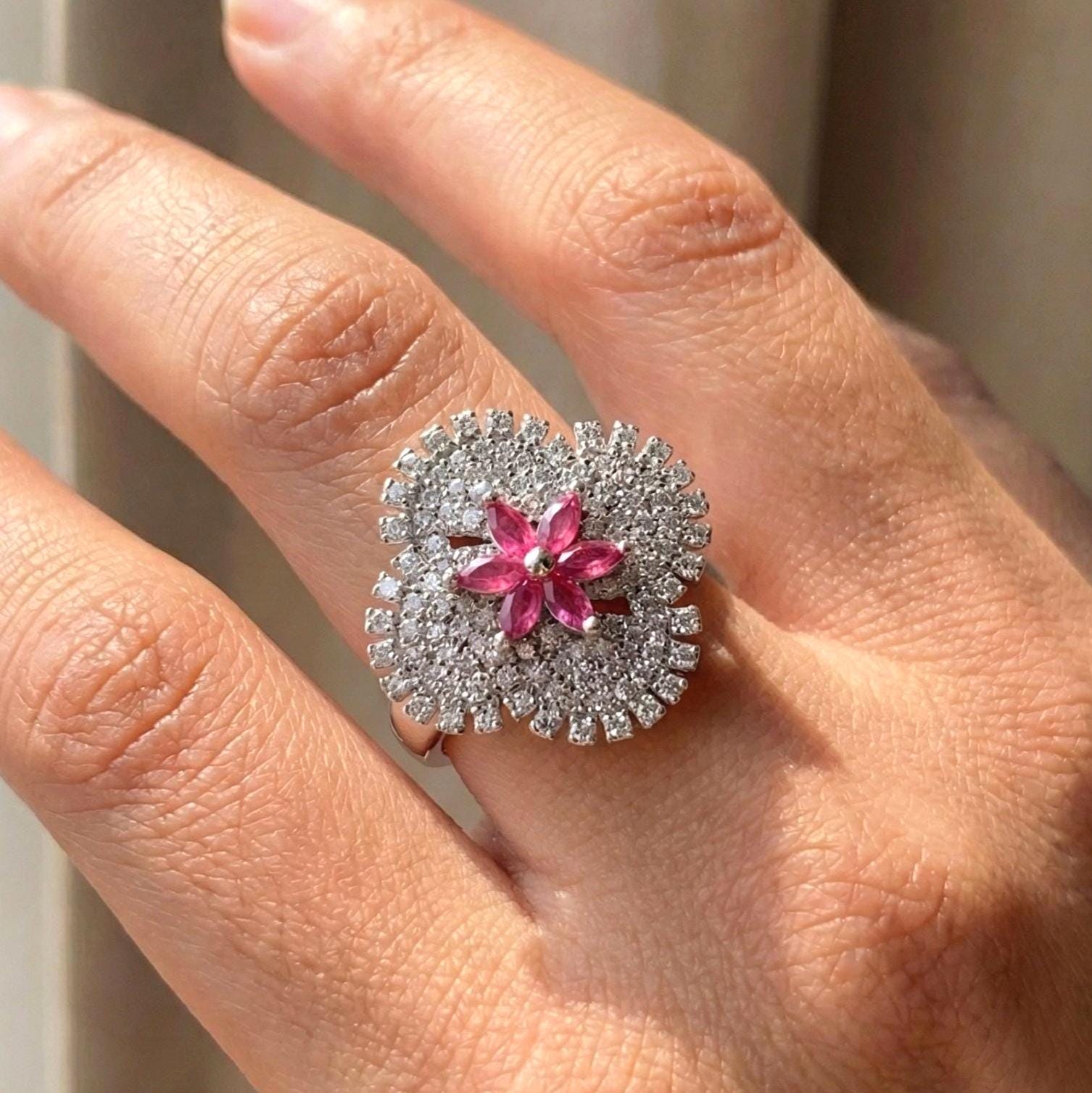 Luxury Floral Burst Pavé Ring in 925 Sterling Silver with Ruby-Pink Center Stone Suvera Jewelery 925_Silver_Ring Cocktail_Ring Dainty_Silver_Ring Diamond_Ring Engagement_Ring Gift_for_her Handmade_Jewelry Handmade_Ring Minimalist_Jewelry