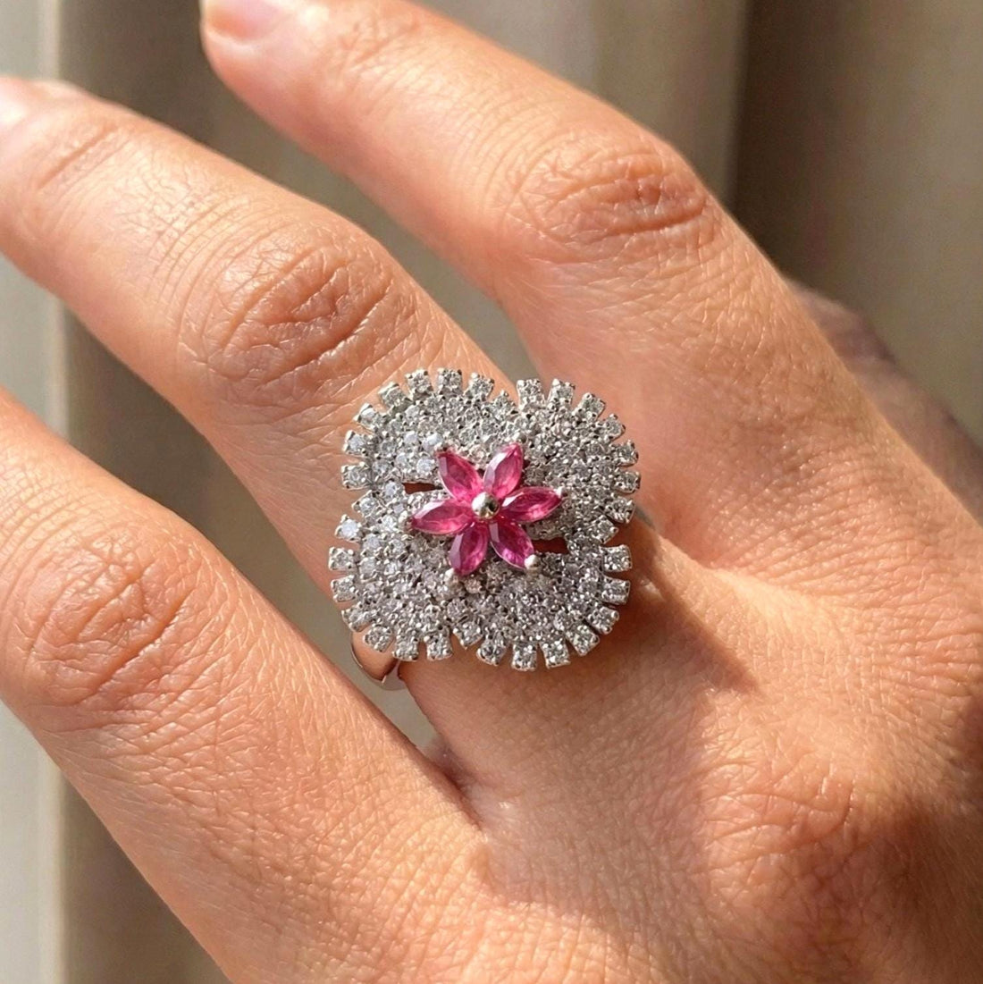 Luxury Floral Burst Pavé Ring in 925 Sterling Silver with Ruby-Pink Center Stone Suvera Jewelery 925_Silver_Ring Cocktail_Ring Dainty_Silver_Ring Diamond_Ring Engagement_Ring Gift_for_her Handmade_Jewelry Handmade_Ring Minimalist_Jewelry