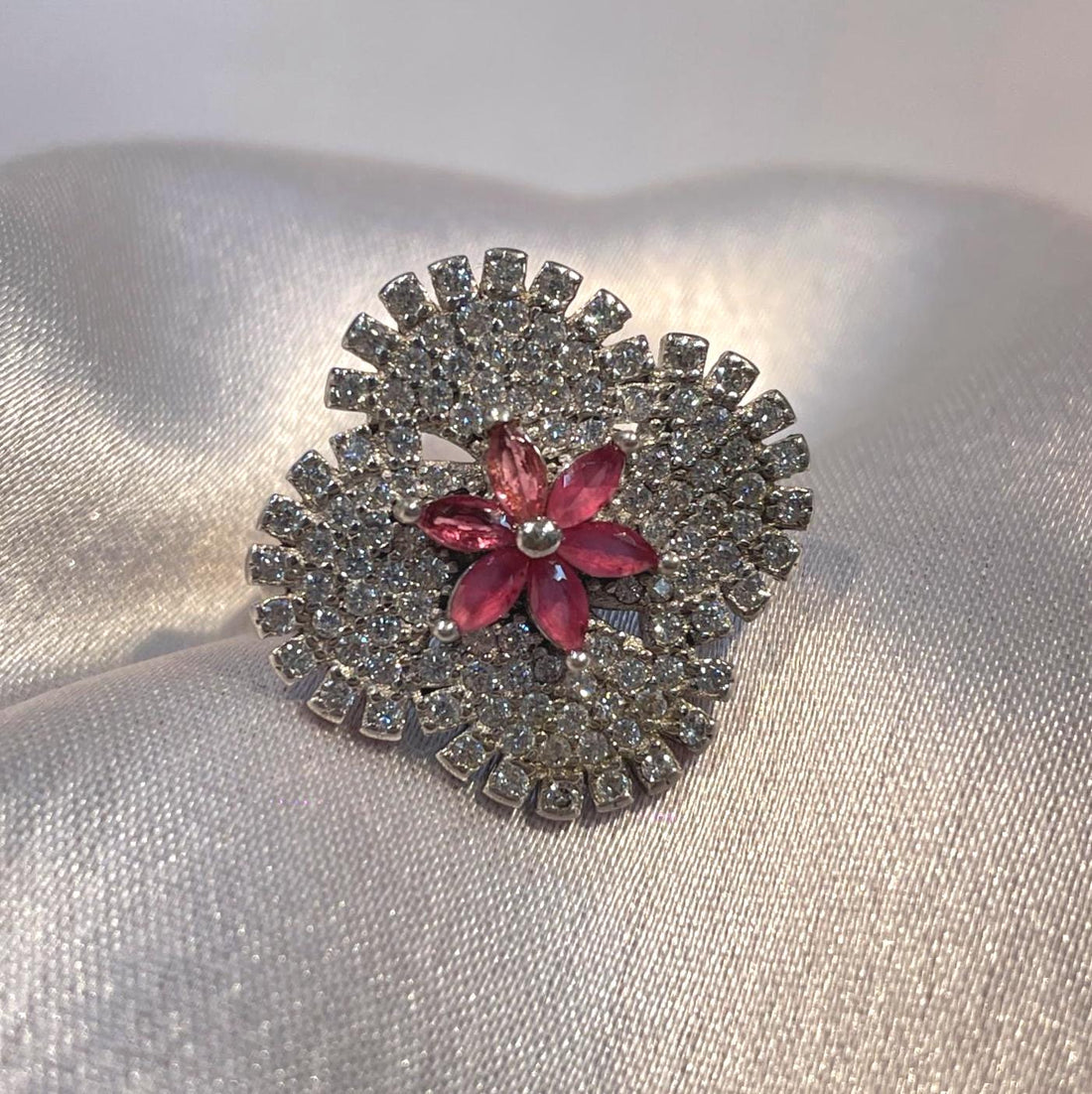 Luxury Floral Burst Pavé Ring in 925 Sterling Silver with Ruby-Pink Center Stone Suvera Jewelery 925_Silver_Ring Cocktail_Ring Dainty_Silver_Ring Diamond_Ring Engagement_Ring Gift_for_her Handmade_Jewelry Handmade_Ring Minimalist_Jewelry