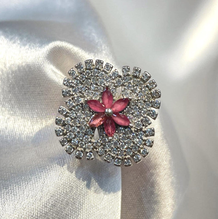 Luxury Floral Burst Pavé Ring in 925 Sterling Silver with Ruby-Pink Center Stone Suvera Jewelery 925_Silver_Ring Cocktail_Ring Dainty_Silver_Ring Diamond_Ring Engagement_Ring Gift_for_her Handmade_Jewelry Handmade_Ring Minimalist_Jewelry