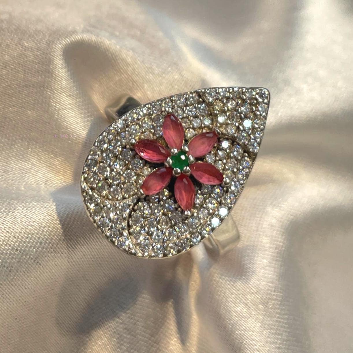 Teardrop Floral Pavé Ring in 925 Sterling Silver with Ruby-Pink & Emerald Accents Suvera Jewelery 925_Silver_Ring Cocktail_Ring Dainty_Silver_Ring Diamond_Ring Engagement_Ring Gift_for_her Handmade_Jewelry Handmade_Ring Minimalist_Jewelry