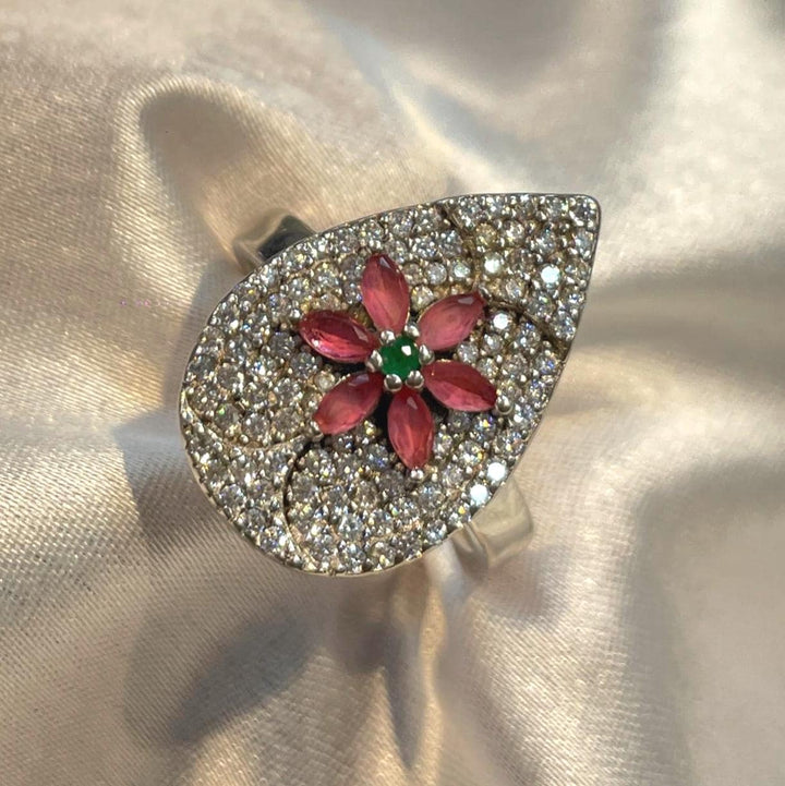 Teardrop Floral Pavé Ring in 925 Sterling Silver with Ruby-Pink & Emerald Accents Suvera Jewelery 925_Silver_Ring Cocktail_Ring Dainty_Silver_Ring Diamond_Ring Engagement_Ring Gift_for_her Handmade_Jewelry Handmade_Ring Minimalist_Jewelry